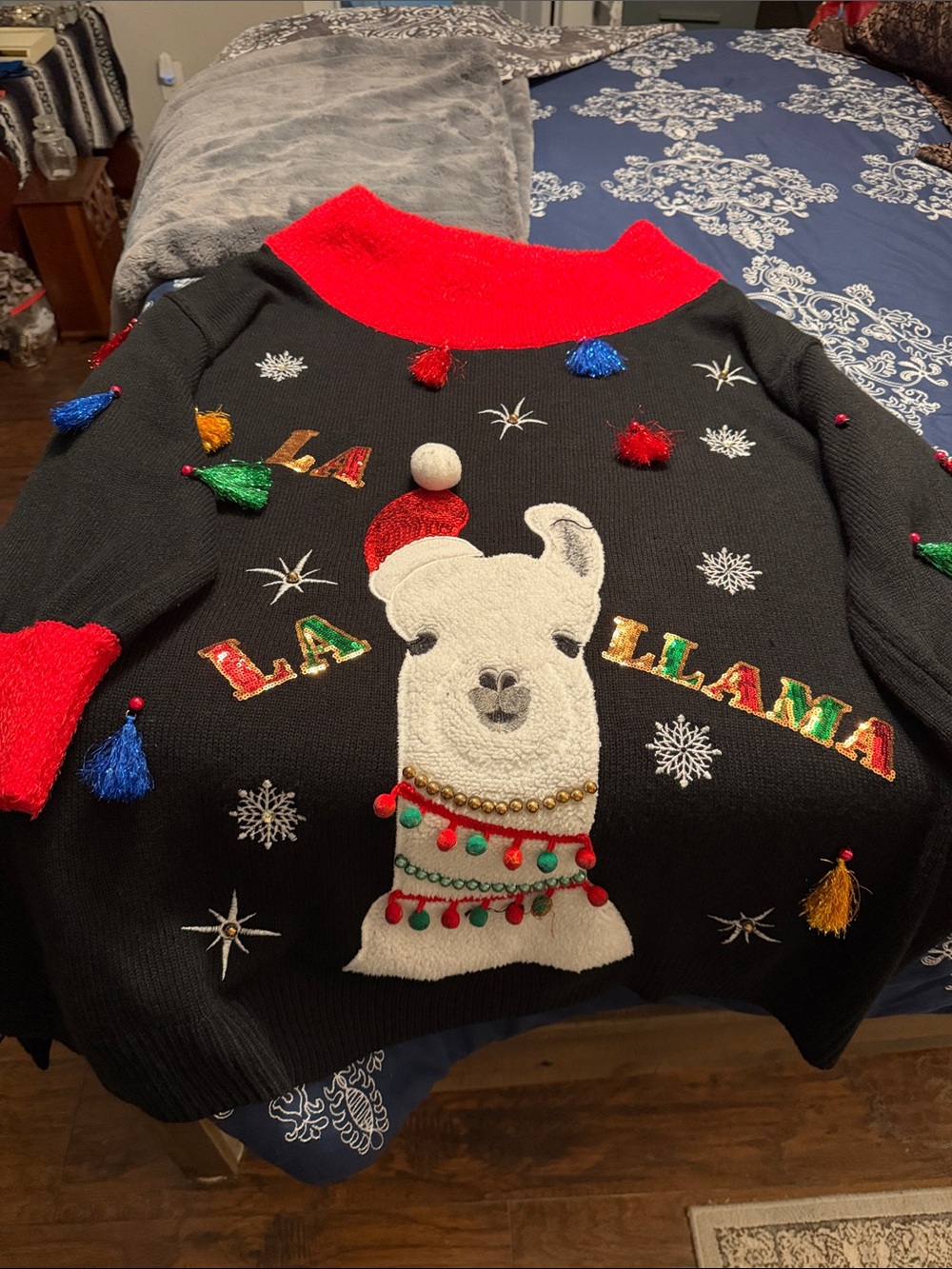 Holiday Time Black Crewneck Sweater Dress with Festive Llama & Red Trim